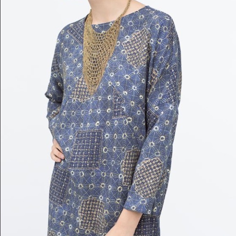 Zara oversized printed crepe dress - blue/gold